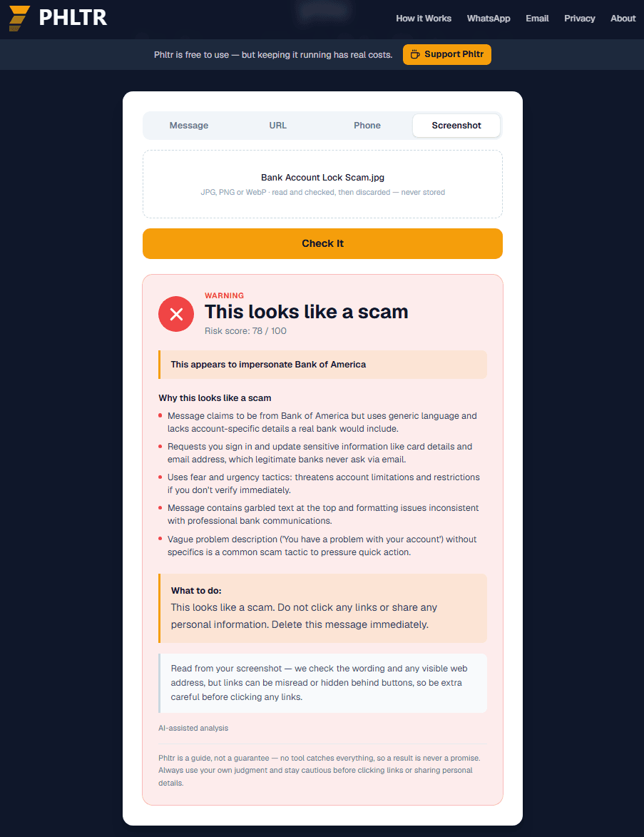 Phltr verdict showing risk score 78 out of 100 for the first fake Bank of America email