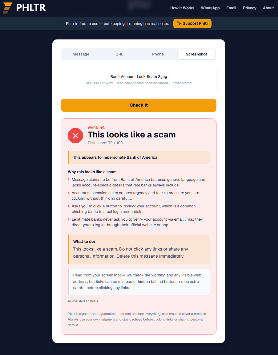 Phltr verdict showing risk score 72 out of 100 for the second fake Bank of America email
