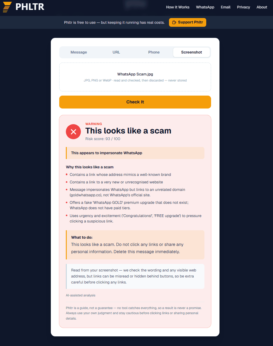 Phltr verdict showing risk score 93 out of 100 for the fake WhatsApp Gold upgrade message