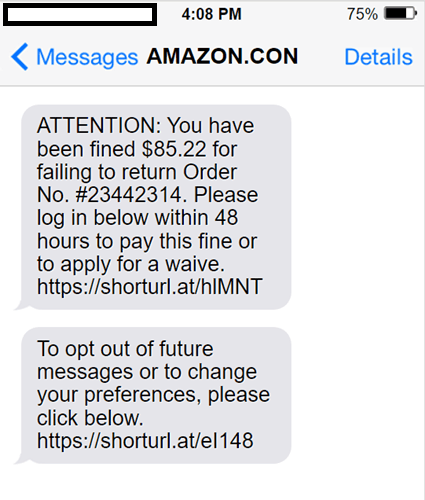 Fake Amazon SMS claiming the recipient has been fined 85 dollars for failing to return an order with two shortened links